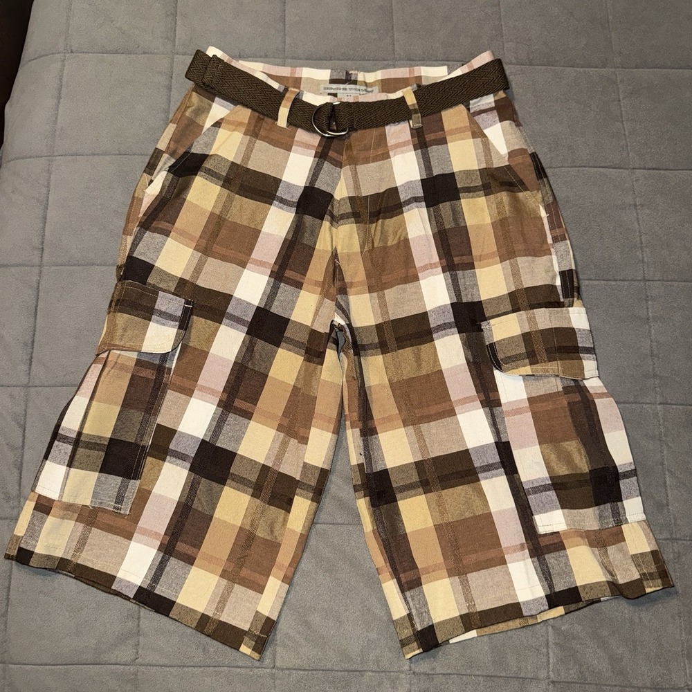 Beyond The Limit Y2K Plaid Cargo Shorts Brown Beige Mens 32 - 2000s Long Shorts